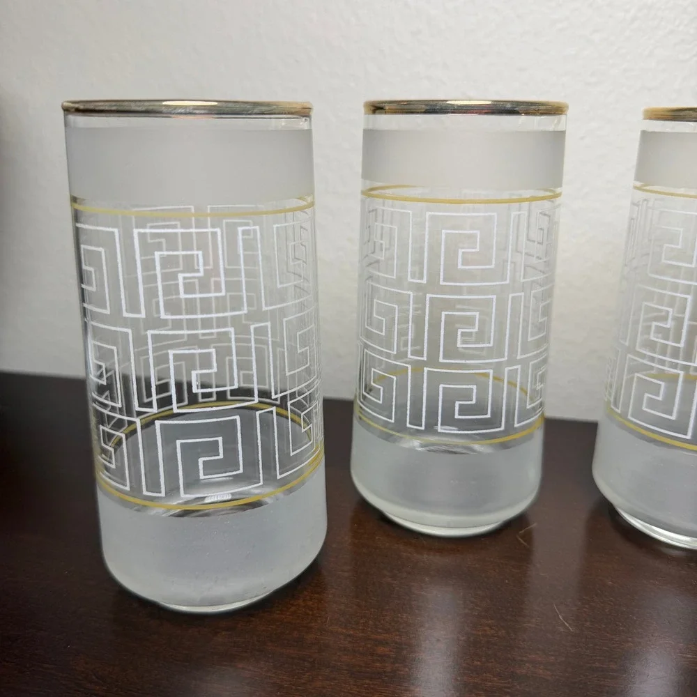 Vintage Libbey Greek Key Frosted Highball‎ Glasses Gold Rim MCM Set of 4